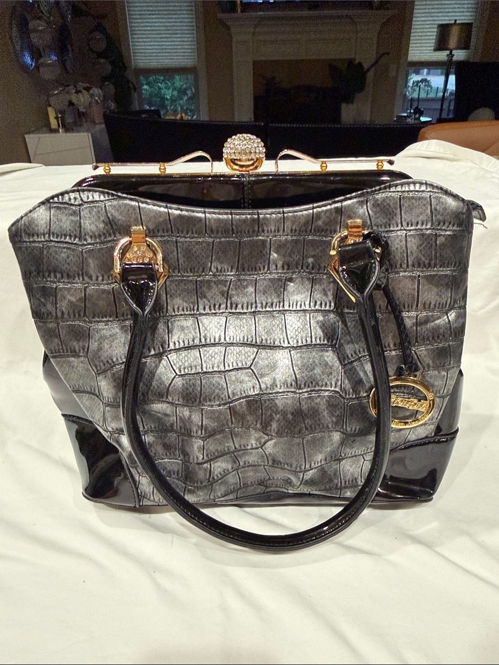 Croc-Embossed Gray Tote with Black Trim and Gold Hardware